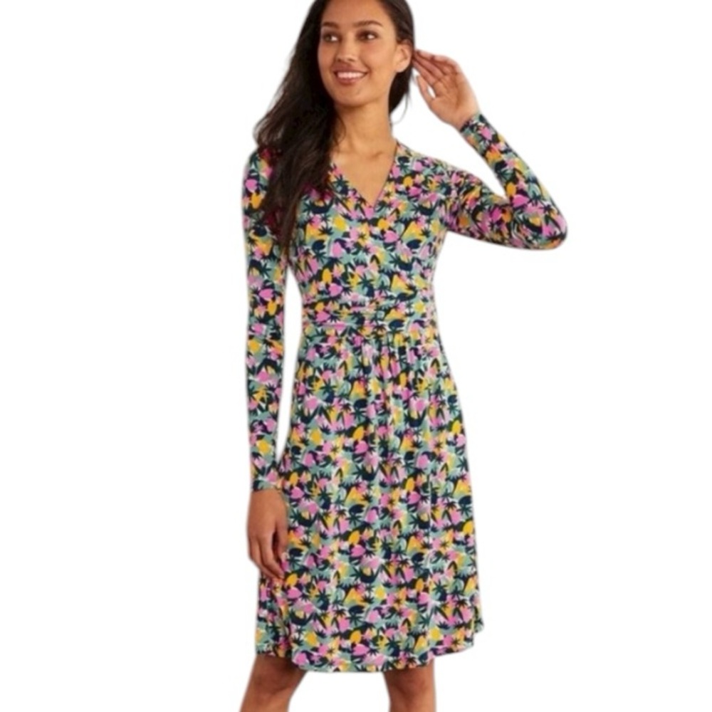 Boden Layla Pink Green Palm Print Faux Wrap Long Sleeve Jersey Knit Dress - 10L